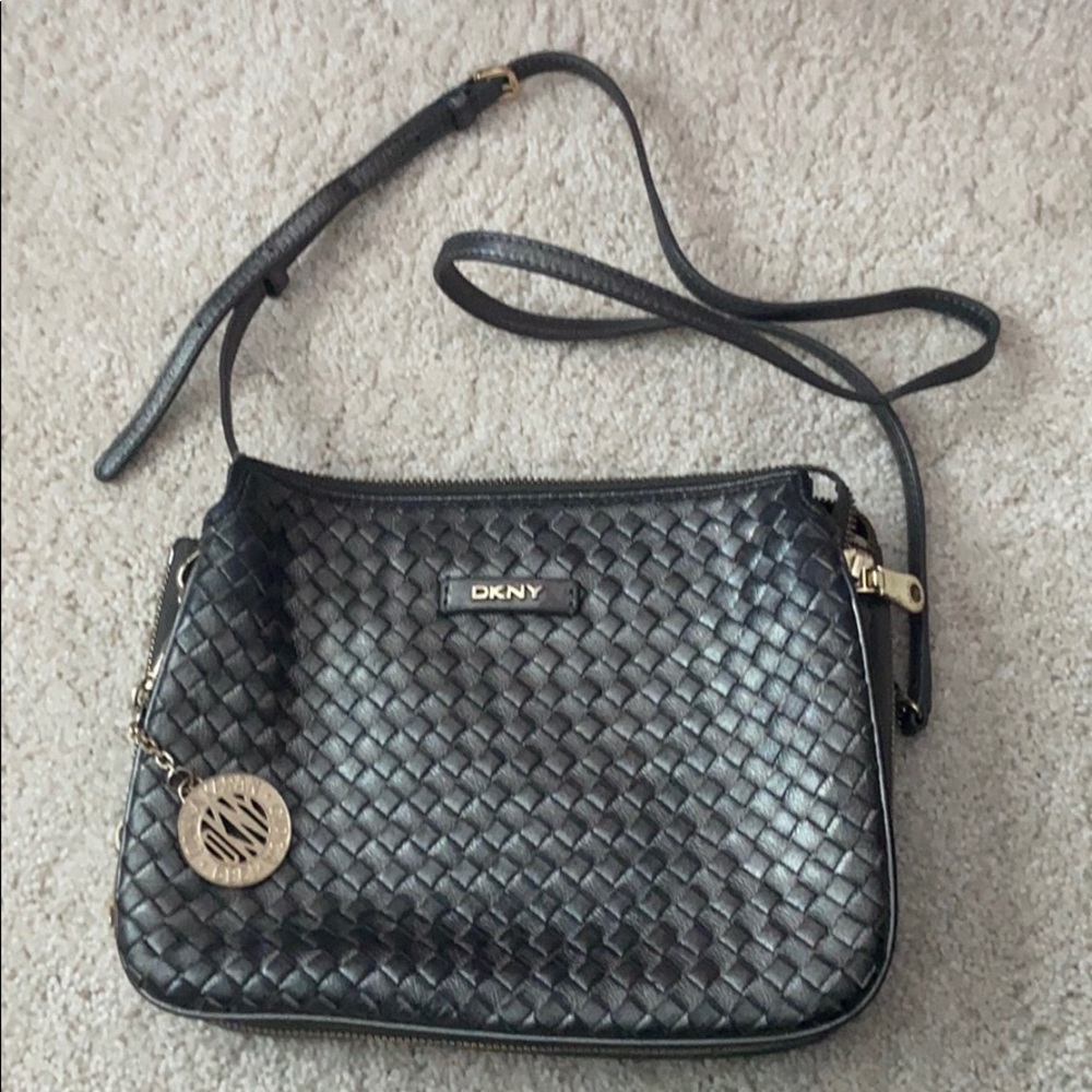 new! DKNY gray woven leather crossbody charm bag